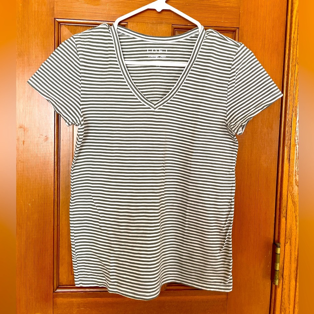 EUC Loft Vintage Soft Olive green/white stripped V-neck T-shirt top. Size XS